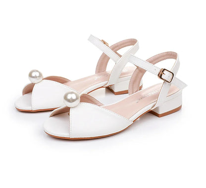 Summer new 2-cm square-heeled silk ribbon pearl rhinestone low-heeled wedding shoes beaded lace-up flat large-size women sandals