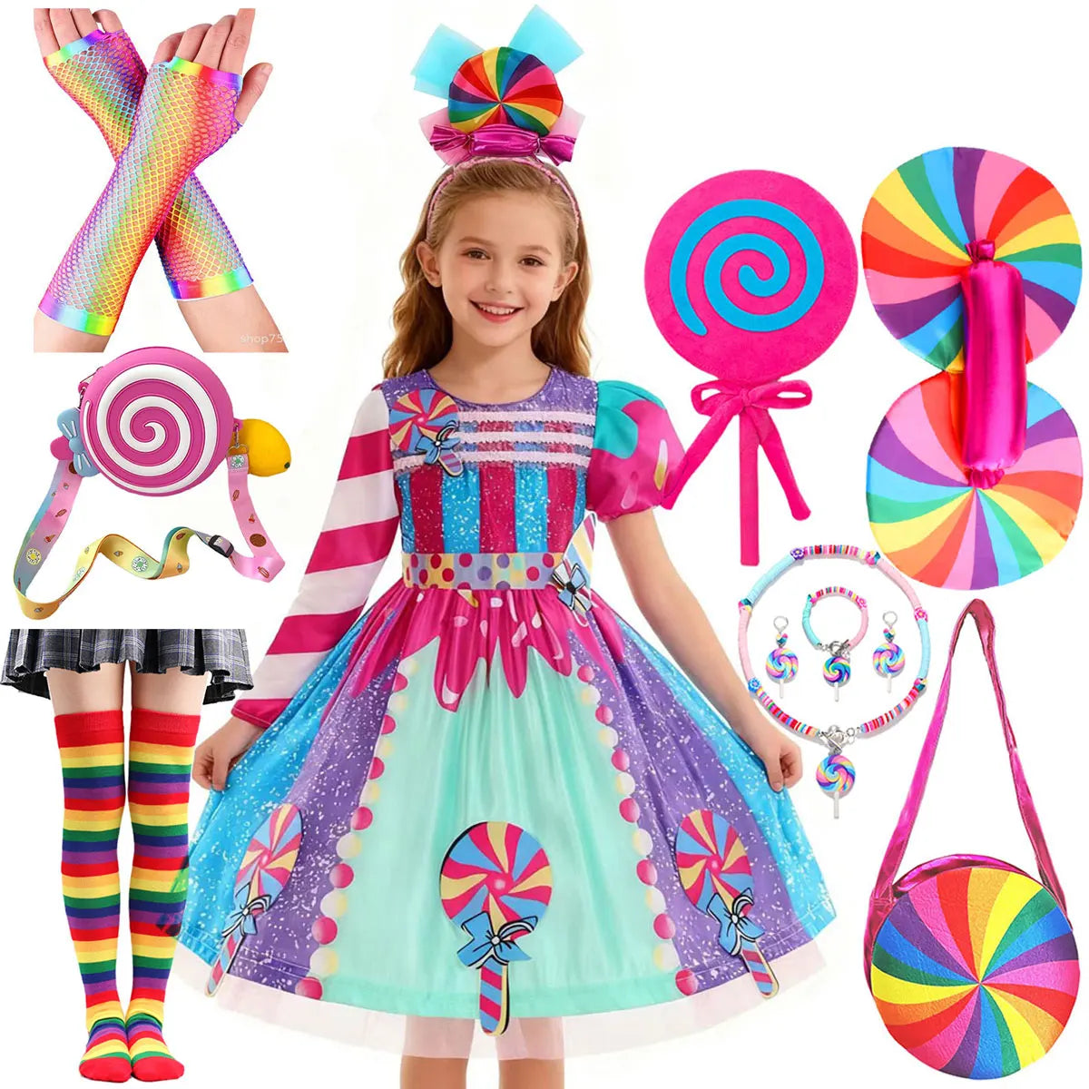 Presente Clássico para Festa de Carnaval de Purim para Meninas Vestido Arco-Íris Assimétrico Longo e Curto com Manga Doce Conjunto de Vestidos Fofos para Férias de Natal
