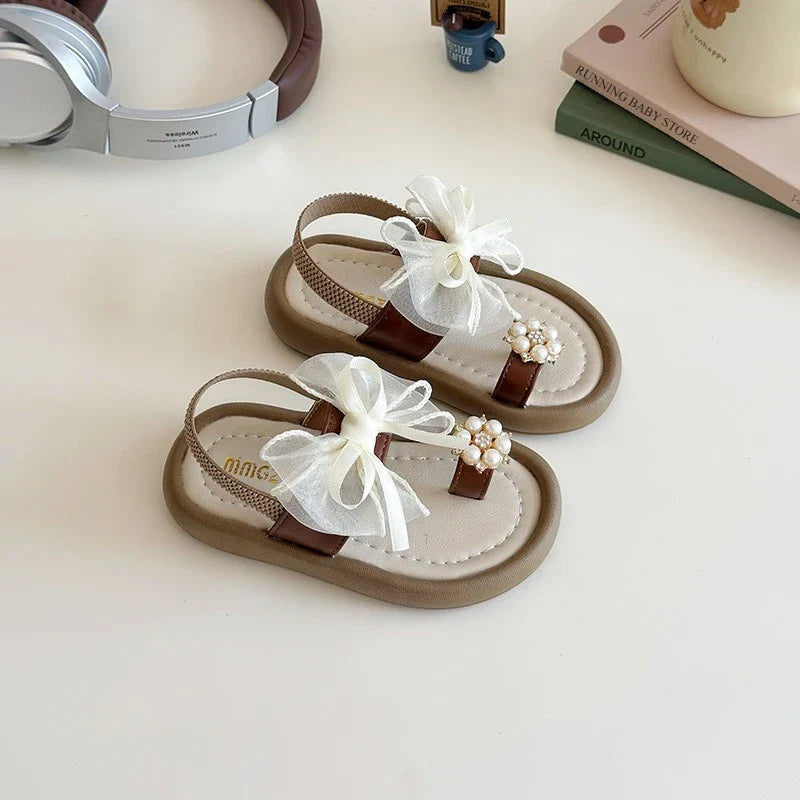 Brand Designer Ribbons Sandals for Girls Beaded Flip Flop Evening Party Dress Shoes Tulle Bow-tie Child Shoes Girl Sandal I06034
