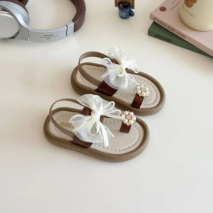Brand Designer Ribbons Sandals for Girls Beaded Flip Flop Evening Party Dress Shoes Tulle Bow-tie Child Shoes Girl Sandal I06034