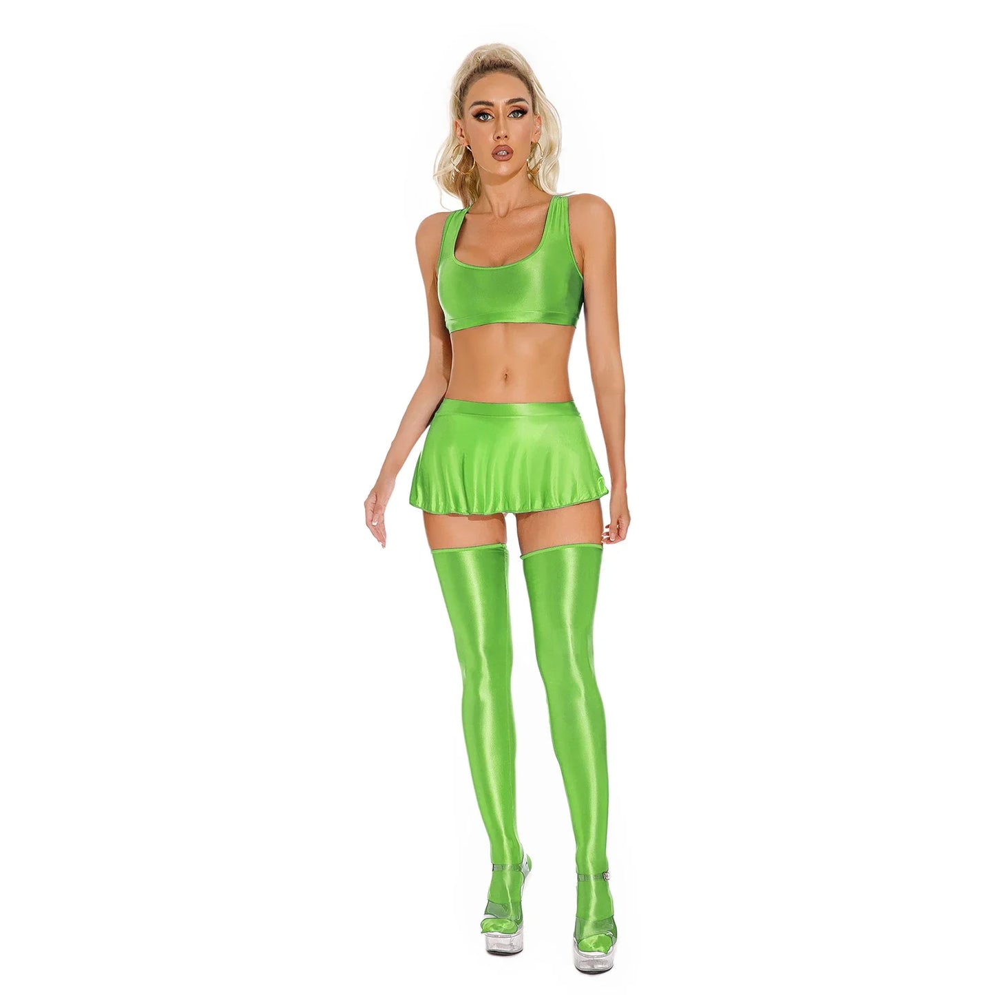 Womens Glossy Lingerie Sleeveless Crop Tank Tops Low Rise Miniskirt with Thigh High Stockings Pool Party Pole Dance Clubwear