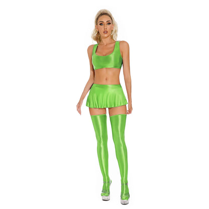 Womens Glossy Lingerie Sleeveless Crop Tank Tops Low Rise Miniskirt with Thigh High Stockings Pool Party Pole Dance Clubwear