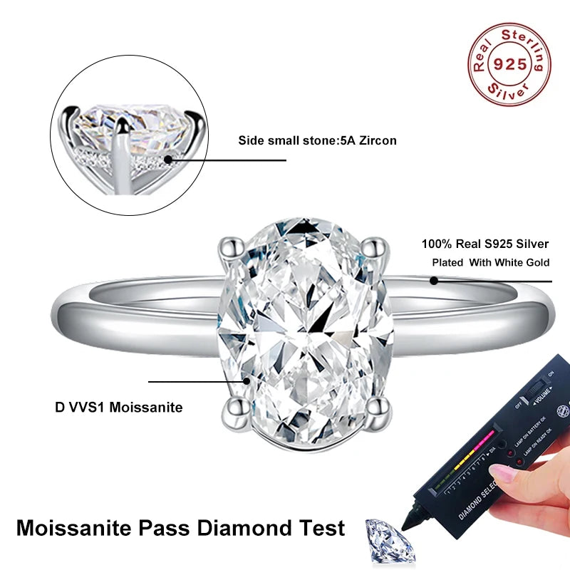 7x9mm 2ct Moissanite Ring S925 Sterling Silver Oval Cut Lab Diamond Wedding Rings for Women Engagement Promise Band Gift