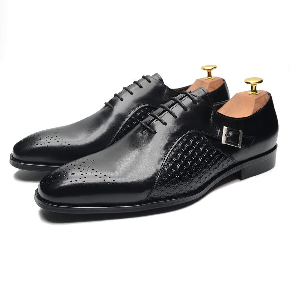 Classy Men's Genuine Leather Oxford Dress Shoes Blue Black Lace-up Brogue Pointed Business Wedding Party Formal Shoes for Men