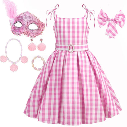 2025 Summer Beach Baby Girl Pink Cute Sleeveless Plaid Slim Strap Dress For Girl Cowboy Look Stripe Dress Set With Belt