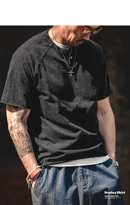Japanese Vintage Heavyweight Henley T-Shirt Men Distressed Loose Short Sleeve Tops Casual Button Cotton Washed Tee Shirts