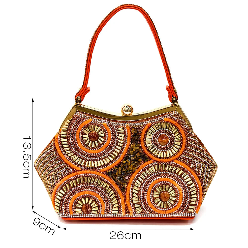 2025 Moda Mais Recente Chegada Laranja Ponta Fina Sandálias Femininas Sapatos com Bolsa Conjunto para Senhoras Festa de Casamento Salto