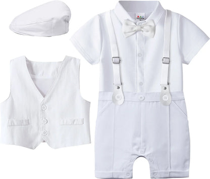 Baby Boys Baptism Outfit Infant Wedding Gentleman Set Christening Formal Birthday Party Suit Suspender Bow Tie Romper