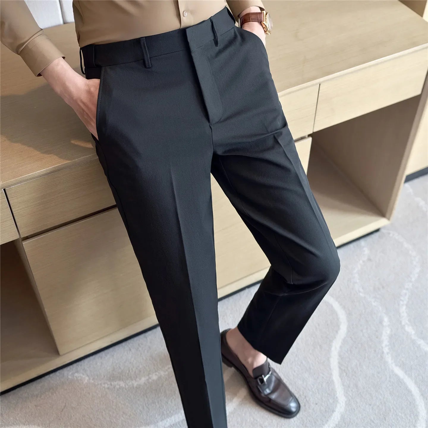 Spring Autumn Suit Pants Men Solid Color Fashion Slim Fit Smart Casual Suit Trousers Mens Elastic Waist Korean Full Length Pants