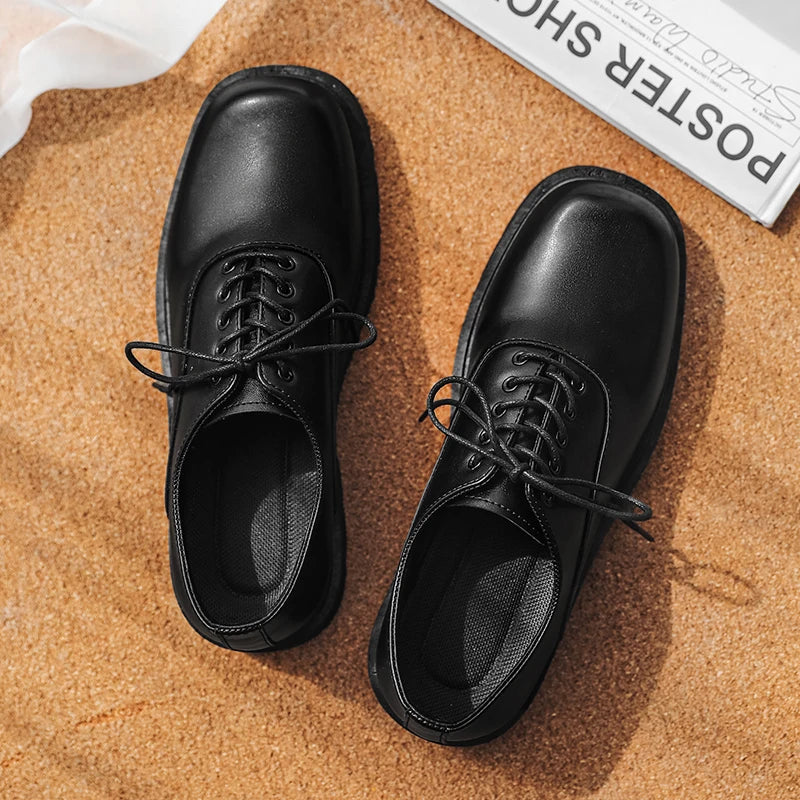 Men's Formal Shoes with Flat Heel Low Top Lace-up Solid Color Thick Sole Unique and Fashionable New Style Leather Shoes