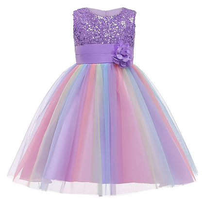 Vestido de princesa flor de lantejoulas para meninas 3-12 anos vestido de laço elegante colorido de renda de malha carnaval festa de aniversário apresentação