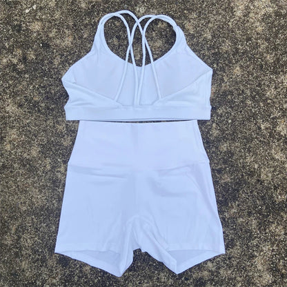 2 Piece Yoga Shorts Set Gym Sports Set Women Workout Outfit Fitness Suit Cross Straps Bra High Waist Shorts Running Tracksuit