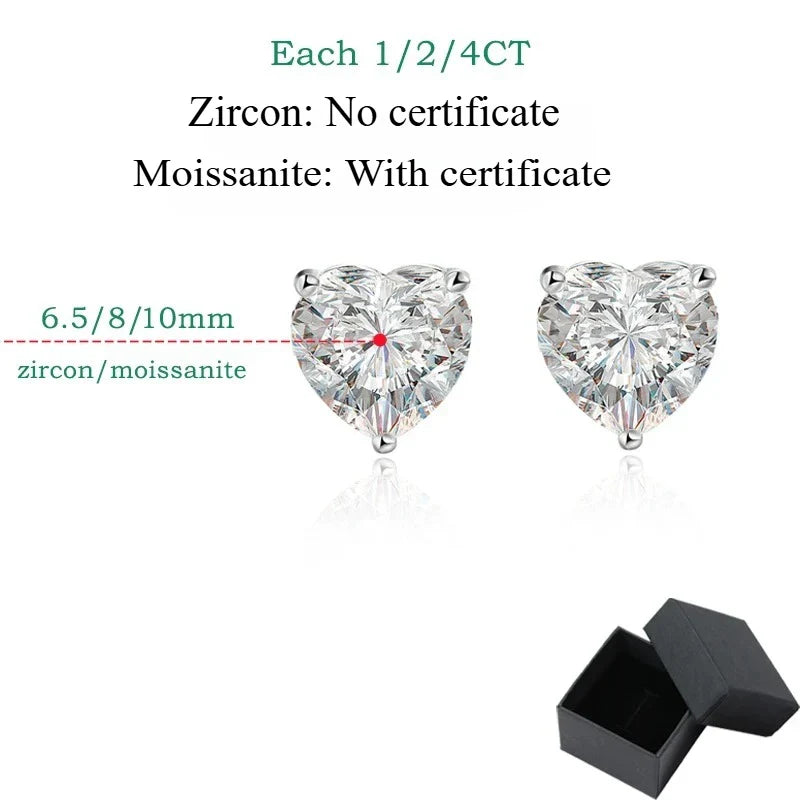 1CT 2CT 4CT Heart Cut Moissanite Stud Earrings for Women Luxury Quality Lab Diamond S925 Sterling Silver Bride Jewelry