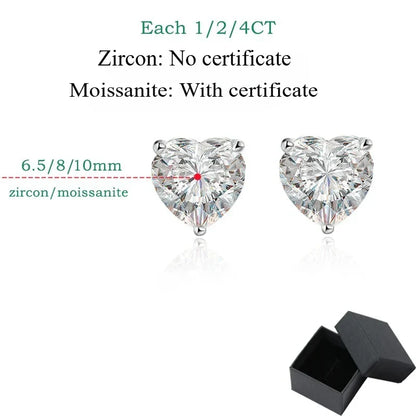 1CT 2CT 4CT Heart Cut Moissanite Stud Earrings for Women Luxury Quality Lab Diamond S925 Sterling Silver Bride Jewelry