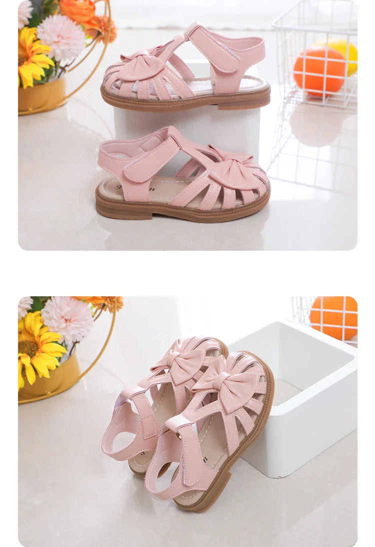 Cute Girls Sandals Bow Peep-toe 2023 New Soft Hook & Loop Beige Kids Princess Shoes Casual Shoes PU Cute Children Shoes Non-slip