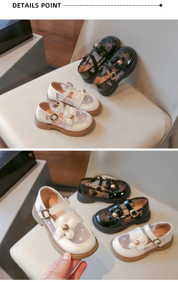 Toddler Girls Elegant Glossy Mesh Mary Jane Flats Flower Buckle Strap Heart Pattern Chunky Sole Comfortable Party School Shoes