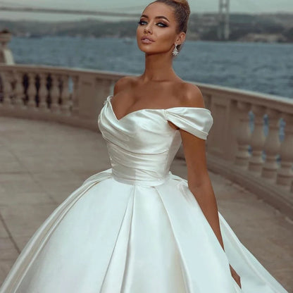 Dresses 2023 Off Shoulder Sweep Train Bride Dress Lace Up Back Satin Wedding Evening Gown Vestido De Novia