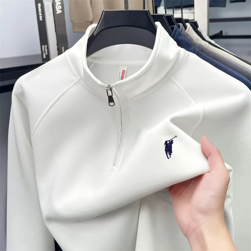 Half zip hoodie men's long sleeved t-shirt autumn plus size middle-aged and young embroidered pony logo collar polo shirt top