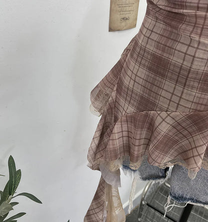 Y2K Plaid Camisole for Women Summer Casual Lace Scarf Breathable Stretch Mesh Patchwork Asymmetrical Ruffle Slim Tops