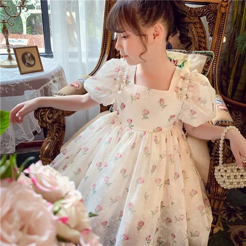 Summer Girls 1-8 Years Floral Roses Princess Dress Lace Tiered Bow Back Pearl Accented Knee-Length Party Birthday Celebration