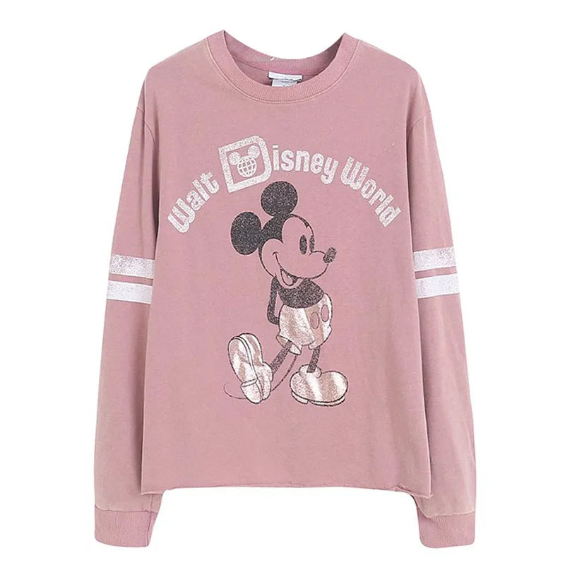 Retro Distressed Sweatshirt Women Mickey Mouse Casual Pullover Tops O Neck Long Sleeve Jumper Streetwear