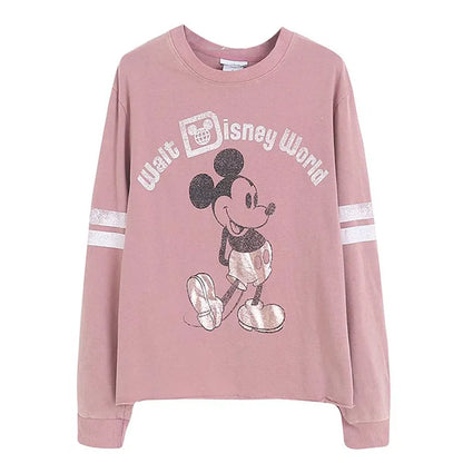 Retro Distressed Sweatshirt Women Mickey Mouse Casual Pullover Tops O Neck Long Sleeve Jumper Streetwear