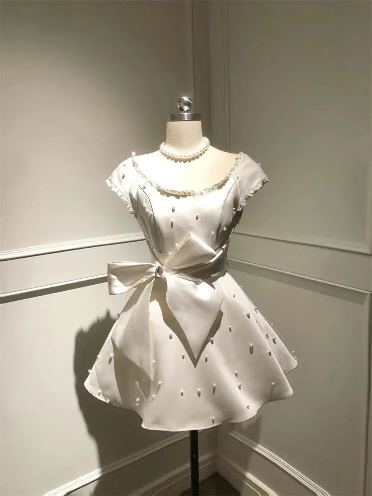 Summer French Elegant Bow Dress Women Gothic Black Vintage Mini Dress Sweet Fashion Off Shoulder Slim Fit Chic Party Outfits New