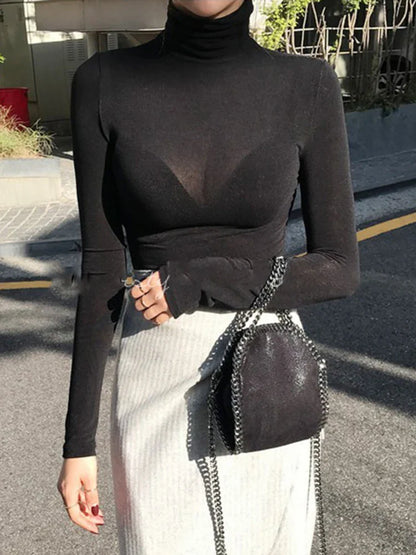 Slim High Quality Plain T Shirt Women Cotton Elastic Basic Female Tops Long Sleeve Sexy Thin T-shirt see through 2026