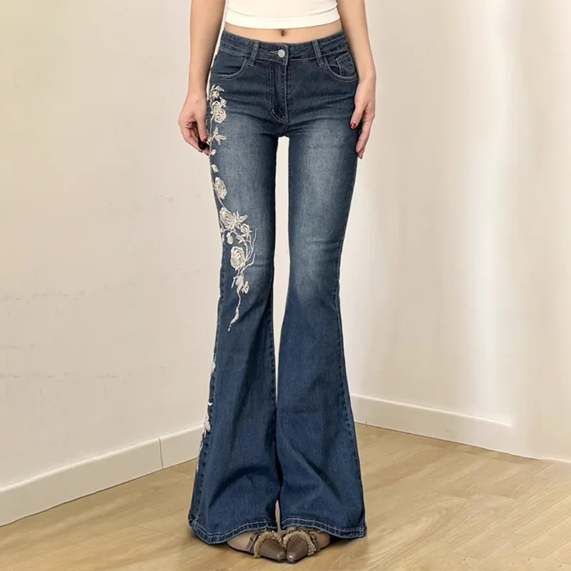 Women Retro Y2k Jeans Baggy Floral Embroidery Jeans