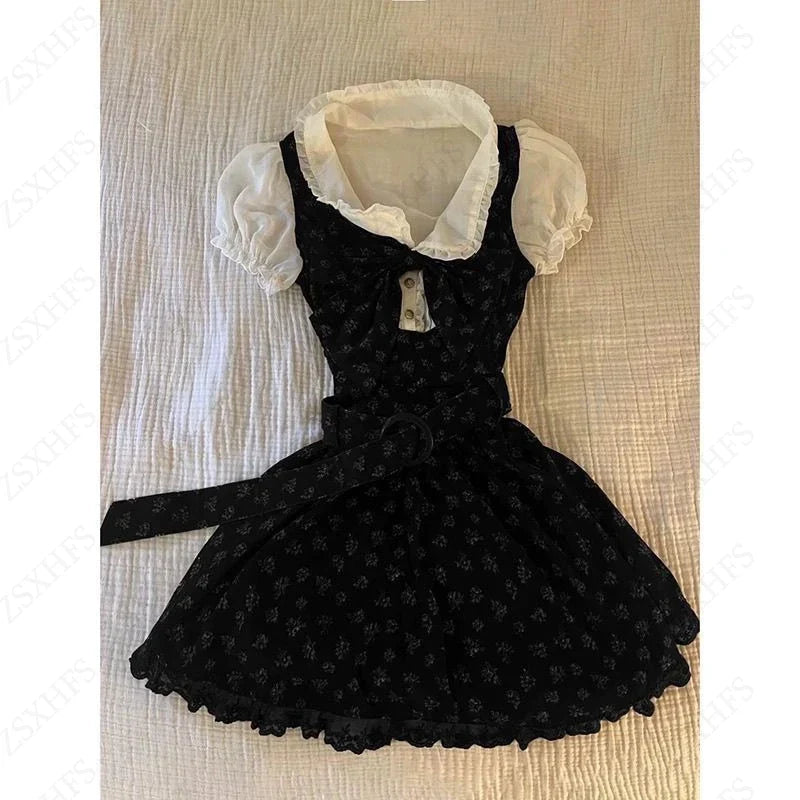 Sweet Gyaru Chic Dress y2k Summer Women's Clothing Floral Puff Sleeve Girdling Waist Lady Gowns Lace Up Ruffled Graceful Dresses