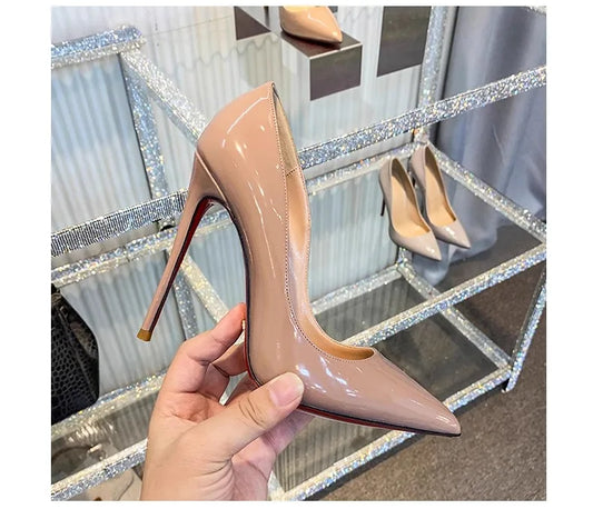 12CM Brown Patent Leather Pumps Women Red Bottom Heels Elegant High Heeled Stilettos Evening Shoe for Party