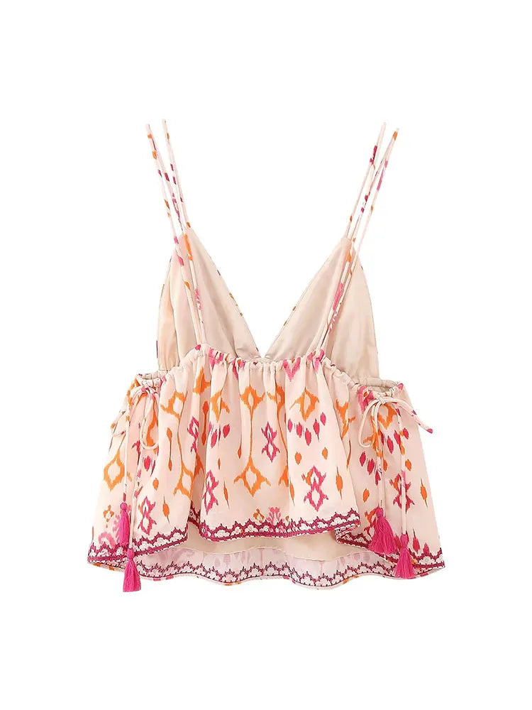 Autumn Printed Suspender Tank Tops for Women Casual Sleeveless V-Neck Cropped Blouse Vacation Chic Ladies Streetwear