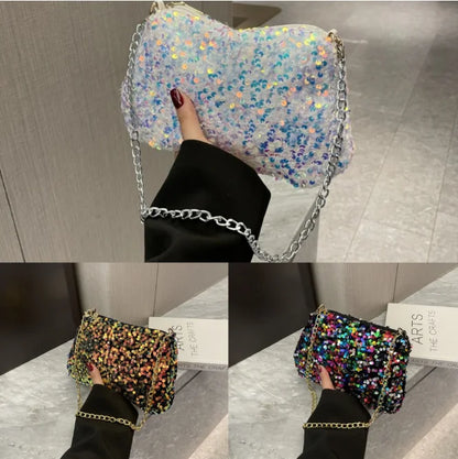 Solid Color Sequins Crossbody Bag Simple INS Chain Sequins Shoulder Bag Pocket Bag Phone Bag Small Square Bag Dinner Party