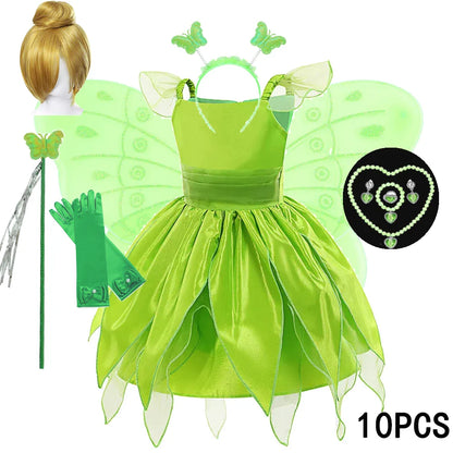Childern Princess Dress For Girls LED Light With Flower Fairy Dress Up Kids With Wings Halloween Elves Party Tinker Bell Dress