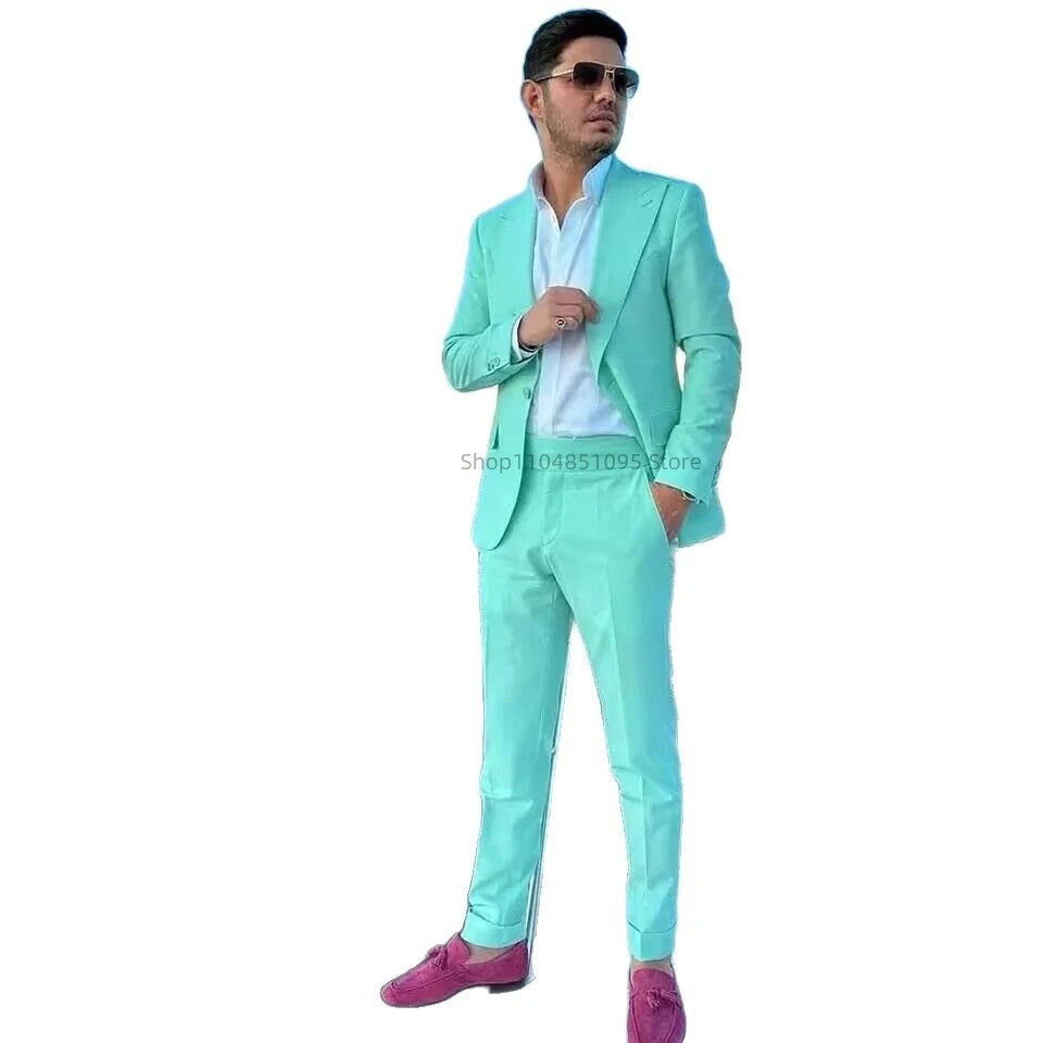 Casual Mint Green Suits for Men Business Work Clothes Office Jacket Pants Suit Wedding Groom Tuxedo Peak Lapel Blazer for Party