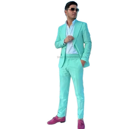 Casual Mint Green Suits for Men Business Work Clothes Office Jacket Pants Suit Wedding Groom Tuxedo Peak Lapel Blazer for Party