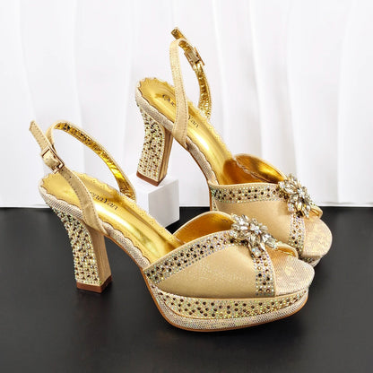 INS New Arrival Colorful Crystral Decoration Design Elegant Mature Party Wedding Peep Toe Ladies High Heels and Bag Set