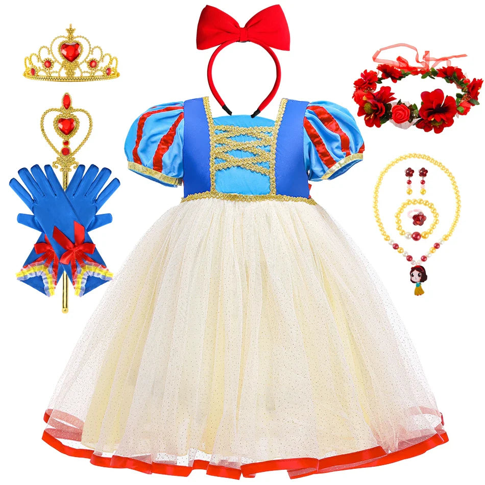 Summer Snow White Dress for Girls Breathable Puffed-Sleeve Tulle Princess Dress Snow White Themed Party Gown Halloween Costume