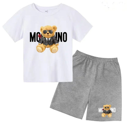 Boys Girls Summer Casual 2Pcs Set Lovely Bear Letter Print T-shirt & Shorts Comfortable Sports Running Suit