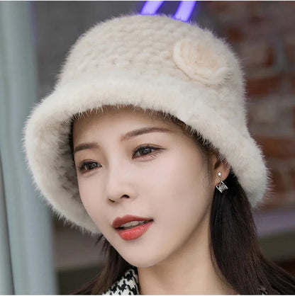 Woman Hat Winter Solid Mink Caps With Flower Natural Mink Fur Hats New Russian Girl Soft Knitting Real Fur Bucket Hats 2026 Warm