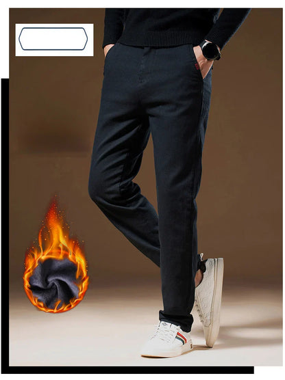Korean Business Casual Fleece Men Pants Winter Thickened Straight Thermal Casual Pants Male Fashion Stretch Warm Velvet Trousers