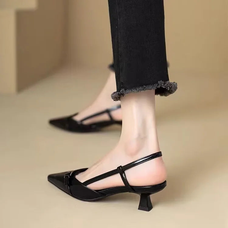 2025 French Pointed Sandals Burgundy Patent Crisscross Straps Metal Decor Slim Heel Open-Back Fairy Sandals