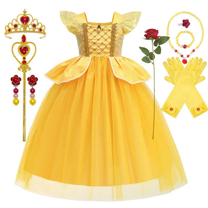 Vestidos de Princesa Disney para Meninas Fantasia de Festa da Bela Roupa de Flores para Crianças de Halloween Aniversário Fantasia da Bela e a Fera