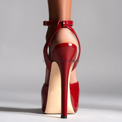 Red Patent Leather Platform High Heels  Stiletto Ankle Buckle Strap Solid New Arrivals Fashion Slingback Buckle Strap Shoes