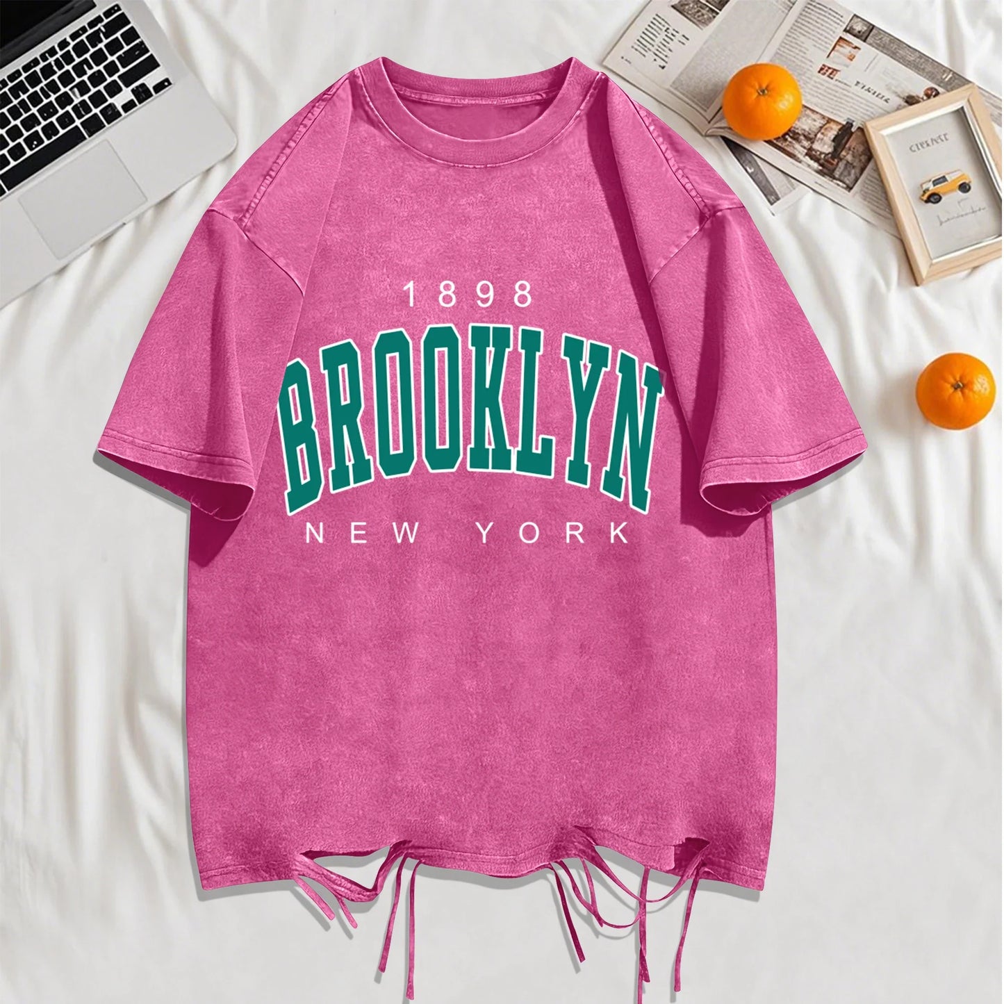 1898 Brooklyn New York Print Washed Holes T-Shirts Men Summer T-Shirt Breathable Fashion Clothing Mans Casual Cotton Streetwear