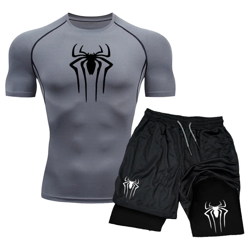 New Compression Set Spider Print Sportwear for Men Quick Dry GYM Shorts+Shirt 2PCS Quick Dry Short Sleeve Trainning Sport Suit