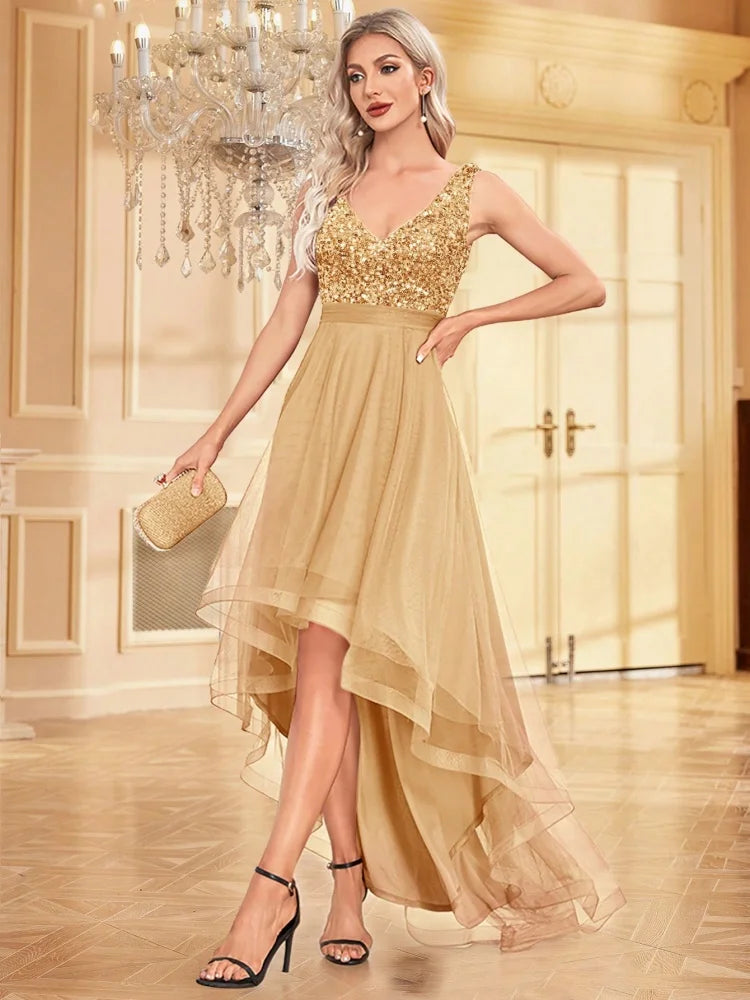 Elegant Women Sleeveless Sequins V-Back Floor Length Formal Evening Dresses Luxury V-neck Wedding Party Cocktail Gowns