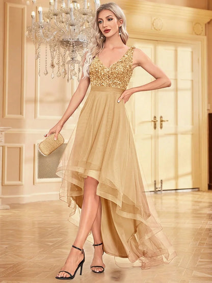 Elegant Women Sleeveless Sequins V-Back Floor Length Formal Evening Dresses Luxury V-neck Wedding Party Cocktail Gowns