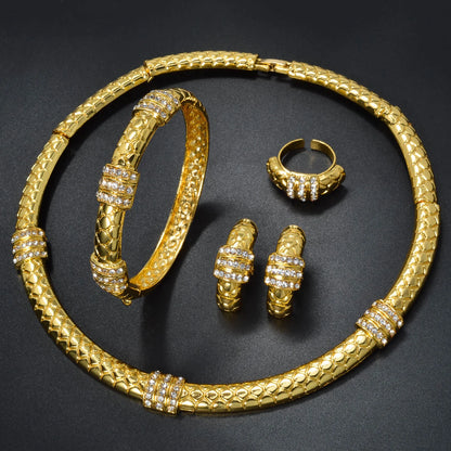 Luxury 18k Gold-Plated Women's Jewelry 4-Piece Round Necklace Bracelet Earrings Ring Gold Classic Dubai Wedding Gift