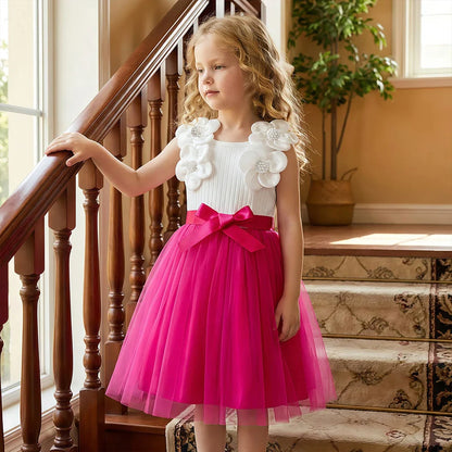 Vestido de Aniversário Infantil Menina Sem Mangas Elegante Flor 3D Tule Princesa Vestido de Verão 3-7 Anos Malha Doce Roupa Presente de Aniversário